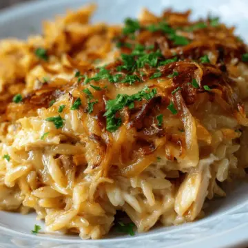 French Onion Chicken Orzo Casserole