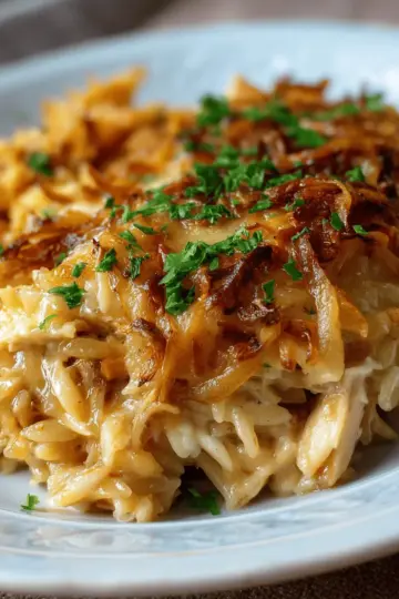 French Onion Chicken Orzo Casserole
