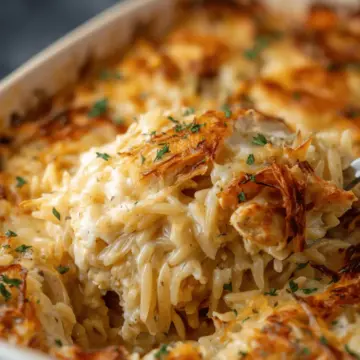 French Onion Chicken Orzo Casserole