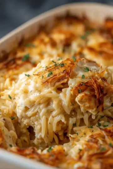 French Onion Chicken Orzo Casserole