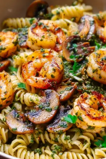 Pesto Shrimp Mushroom Pasta