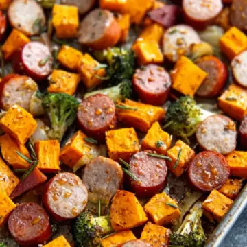Sheet Pan Sausage and Sweet Potatoes with Honey Garlic Sauce