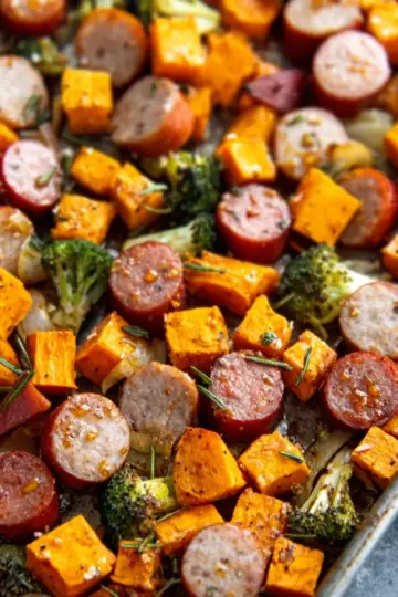 Sheet Pan Sausage and Sweet Potatoes with Honey Garlic Sauce