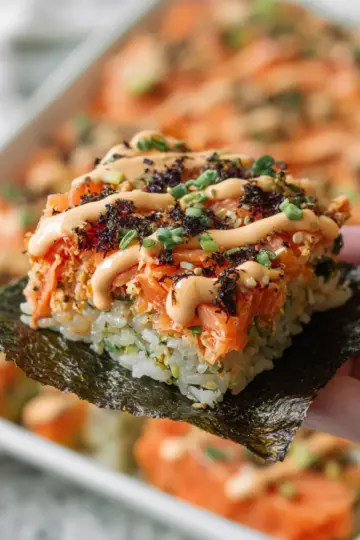 Easy Salmon Sushi Bake with Creamy Spicy Mayo
