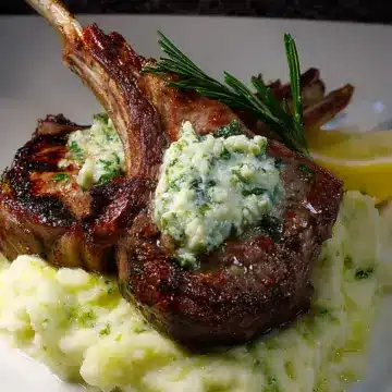 Grilled Double-Cut Lamb Chops, Green Garlic Herb Butter, Green Garlic Mashed Potatoes