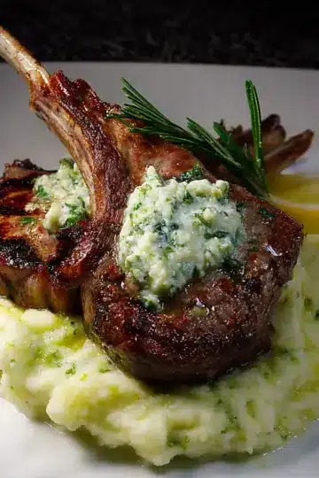 Grilled Double-Cut Lamb Chops, Green Garlic Herb Butter, Green Garlic Mashed Potatoes