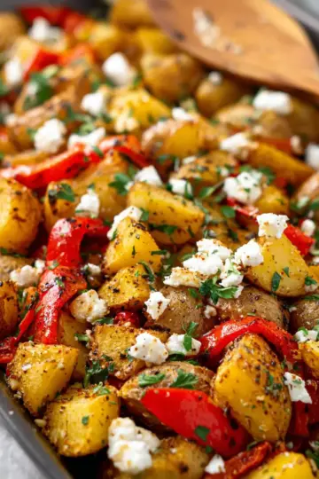 Greek Roasted Potatoes With Peppers & Feta