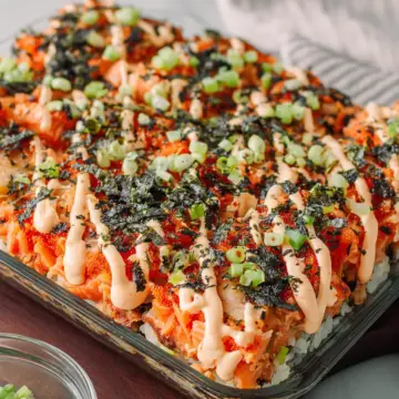 Easy Salmon Sushi Bake with Creamy Spicy Mayo