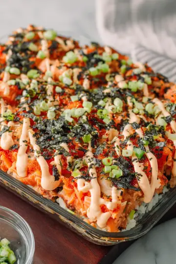 Easy Salmon Sushi Bake with Creamy Spicy Mayo