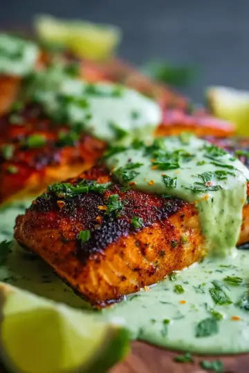 Baked Cajun Salmon with Creamy Avocado Lime Sauce