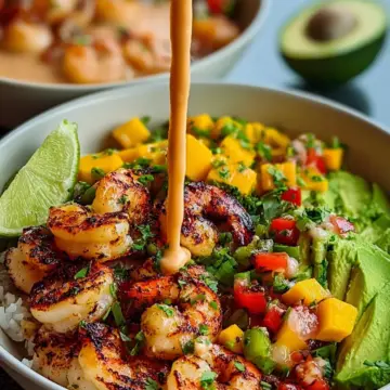 Shrimp and Avocado Bowls with Mango Salsa & Lime-Chili Sauce