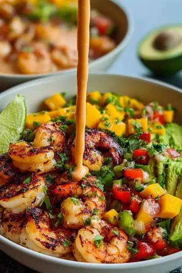 Shrimp and Avocado Bowls with Mango Salsa & Lime-Chili Sauce