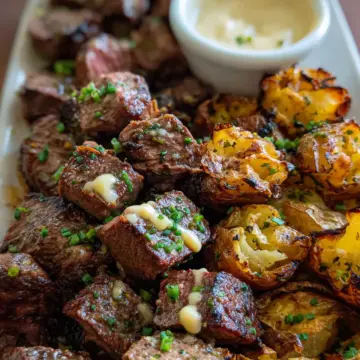 Garlic Butter Steak Bites and Smashed Potatoes
