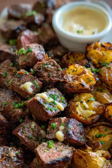 Garlic Butter Steak Bites and Smashed Potatoes