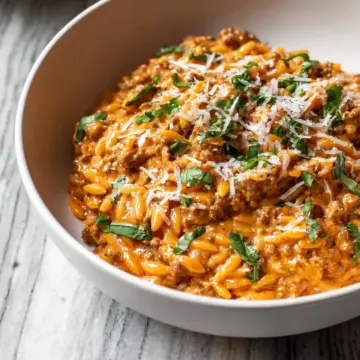 Ground Beef Orzo with Tomato Cream Sauce