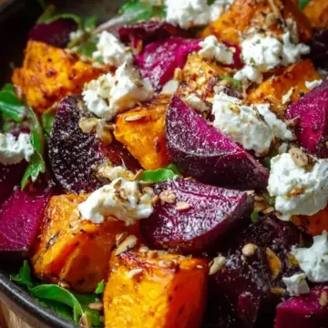 Creamy Roasted Beet Salad with Sweet Potato & Feta