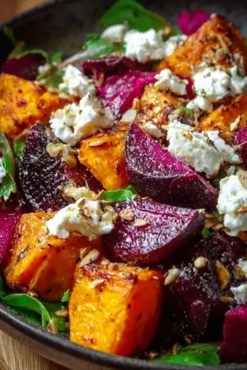 Creamy Roasted Beet Salad with Sweet Potato & Feta